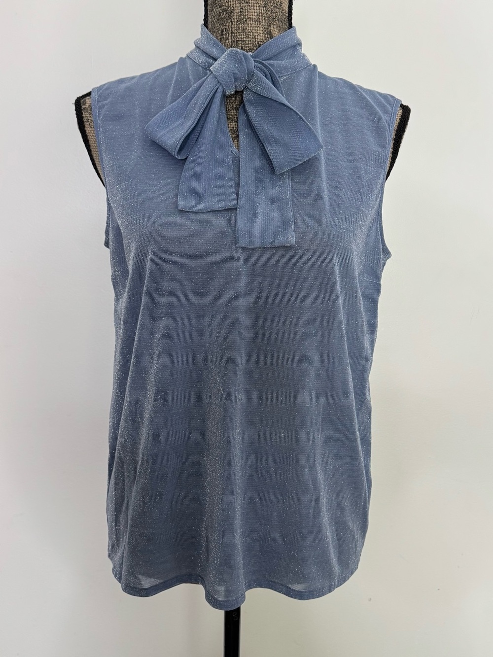 Roberto Collina Metallic Knit Blue Bow Neck Sleeveless Shimmer Top Made in Italy